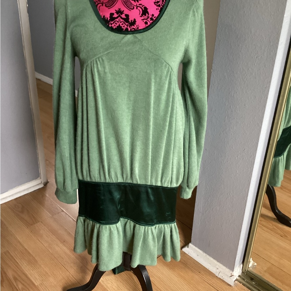 UGLY.OV Green Sweater Dress With Satin Trim & Lower Tie S/M